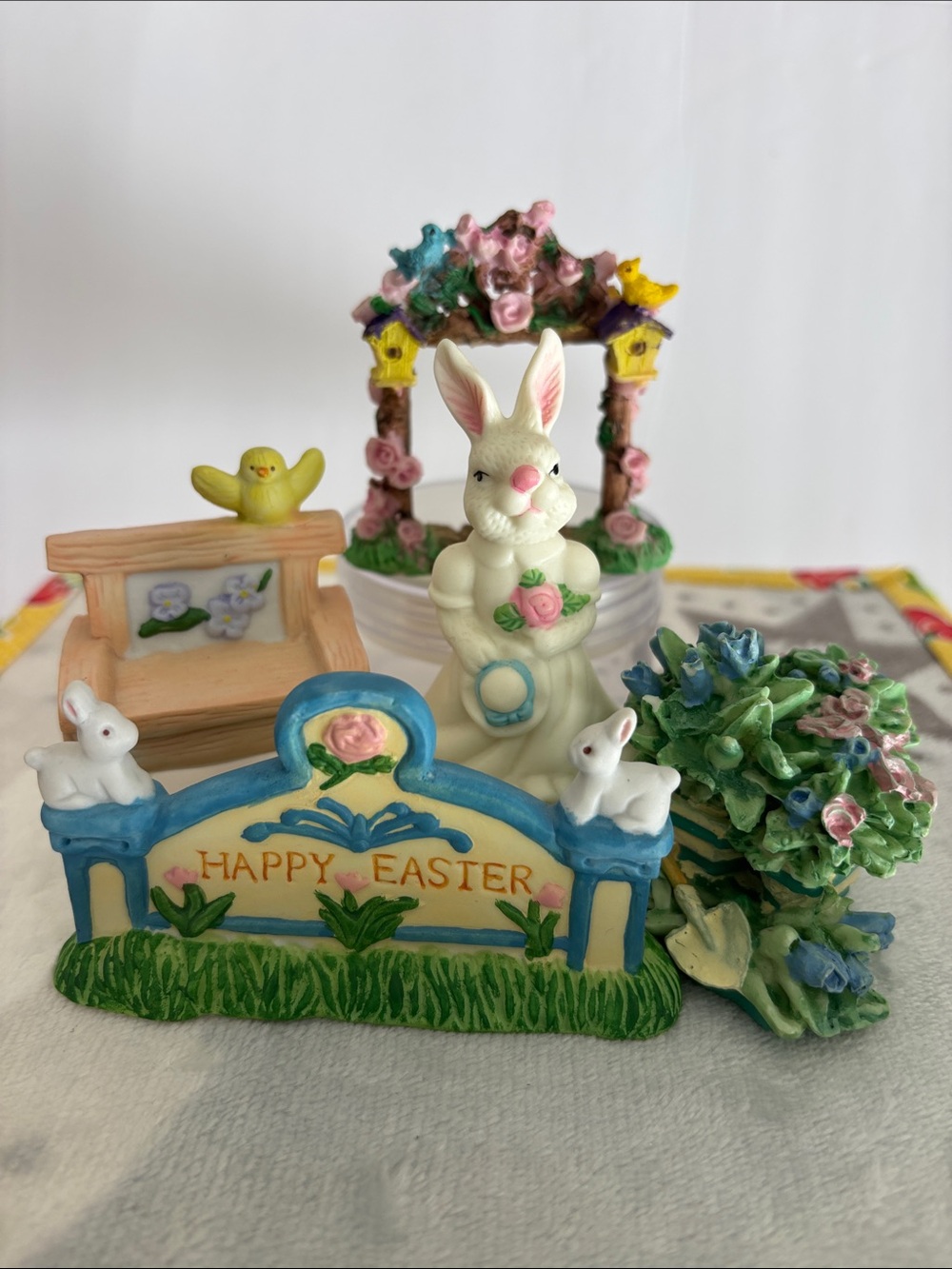 Easter Bunny Ceramic Tabletop Décor - Set 5 pcs White Bunny with Blue Accents